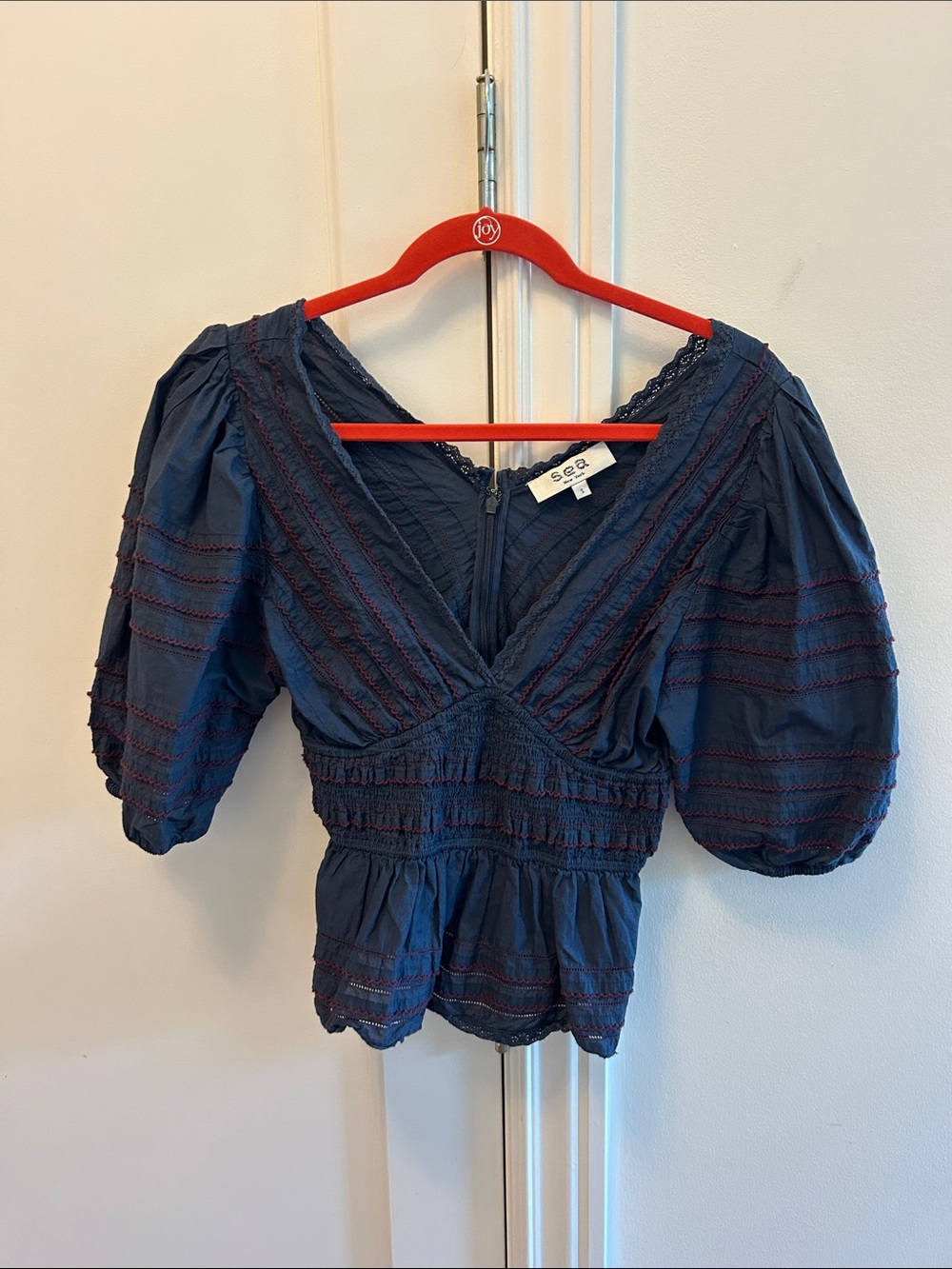 See By Chloe Dark Navy V-Neck Puff Sleeve Smocked Waist Blouse